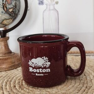 Roots Boston Coffee Mug Burgundy Speckled Campfire Style Ceramic Beaver Logo